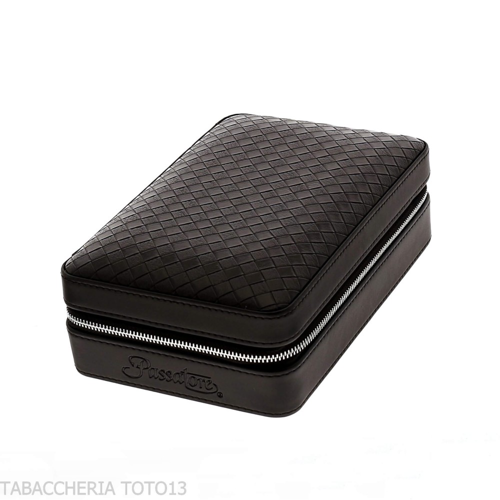 Coffret Passatore en cèdre recouvert de cuir noir équipé d'un humidificateur - Accessoires Cigare - Cuir, Bois