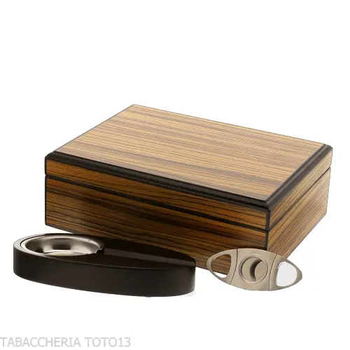 Scatola umidificata per sigari in zebrano completa di posacenere, cutter - Accessori Per Sigari