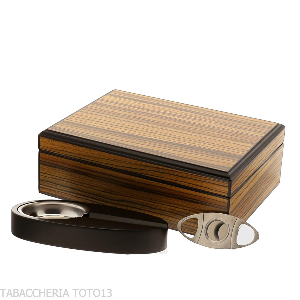 Humidor de puros de madera de cebrano con cenicero y cortador - Accesorios Del Cigarro