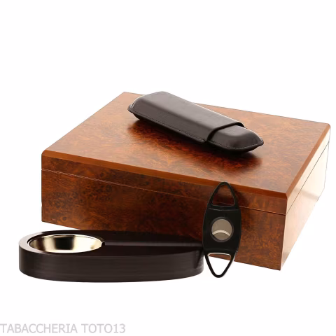 Caja humidificada para cigarros de brezo completa con cenicero, cortador y porta cigarros - Accesorios Del Cigarro