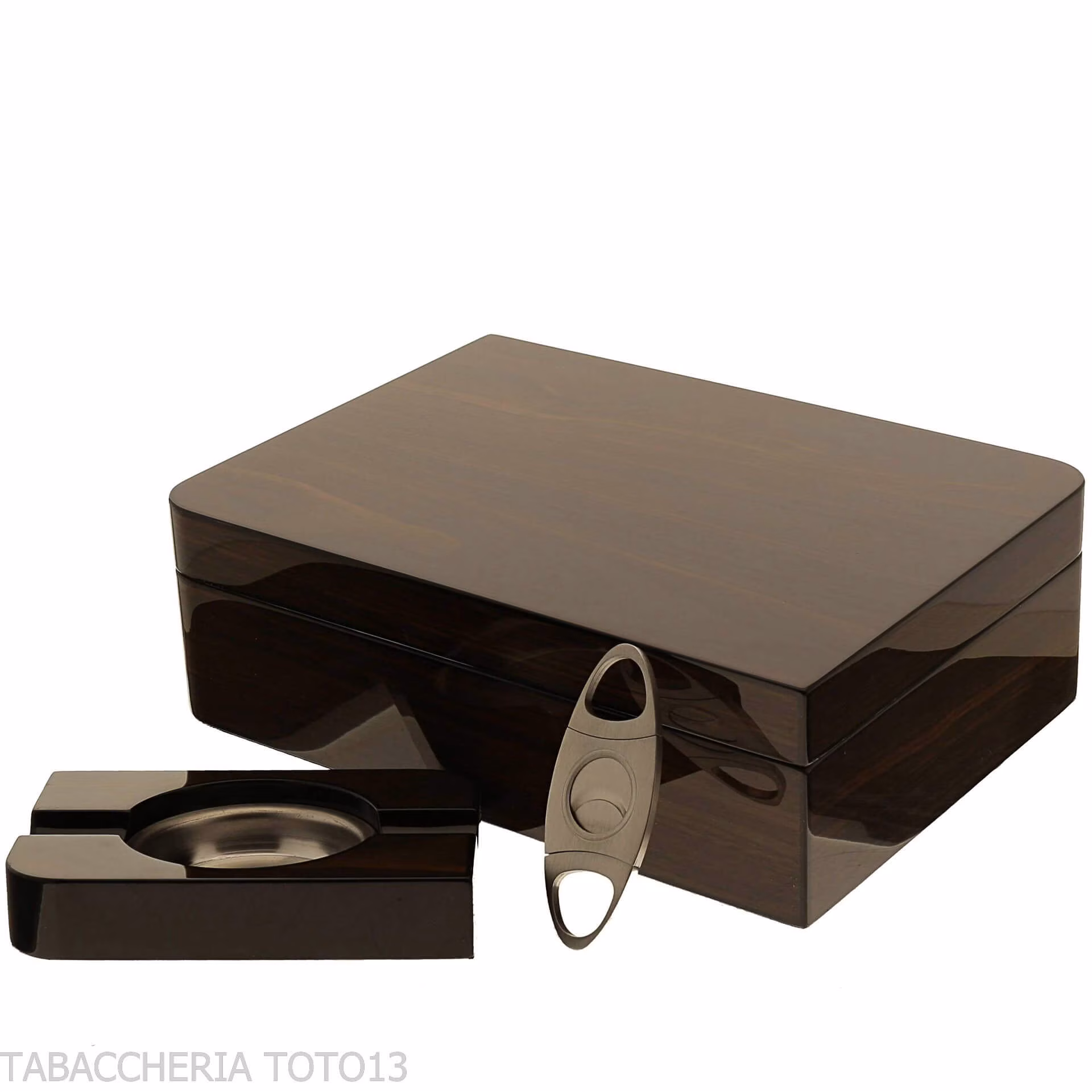 Scatola asimmetrica umidificata per sigari in noce lucido con accessori - Accessori Per Sigari