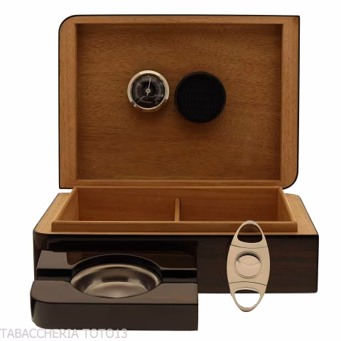 Scatola asimmetrica umidificata per sigari in noce lucido con accessori - Accessori Per Sigari