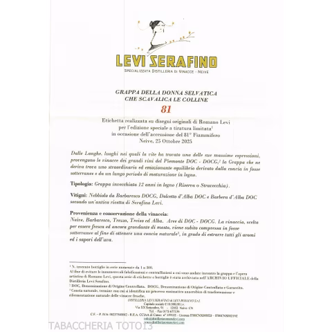 Grappa Levi Romano Della Donna Selvatica 81 Fiammifero Limited Edition Vol.50% Cl.70-Grappe