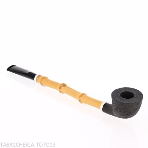 Tsuge Ichirin Bamboo Straight Doublin black sandblasted with rings - Tobacco Pipes - Natural root