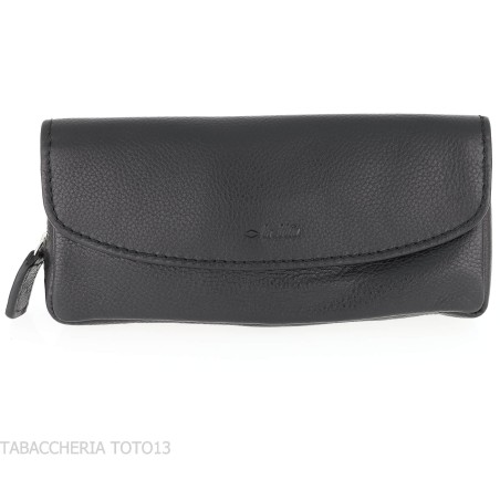 Pochette en cuir noir Brebbia pour tabac et une pipe avec fermeture à boutons - Accessoires pour pipes - Cuir