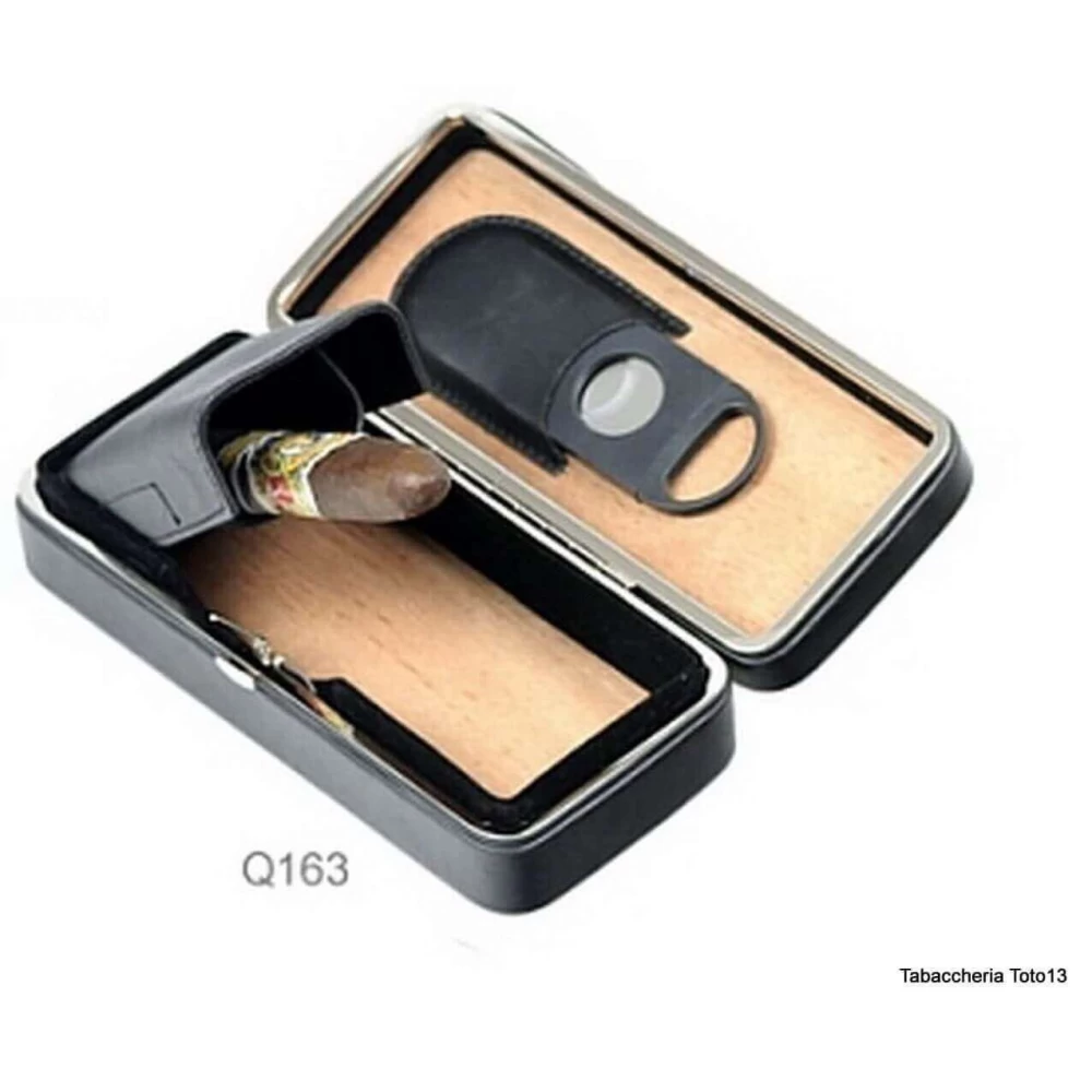 Lubinski - Cedro caja revestida de cuero negro para 3 cigarros, con el cortador