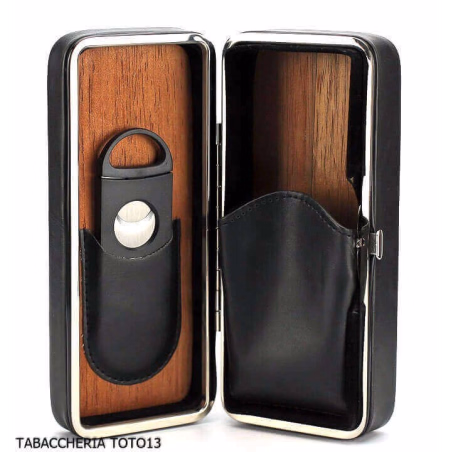 Boîte de cèdre vêtu de cuir noir pour 3 cigares, avec coupe - Accessoires Cigare