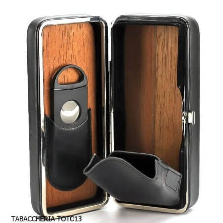 Box cedar clad in black leather for 3 cigars, with cutter