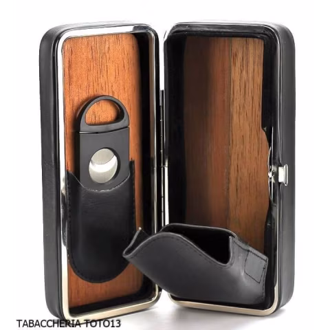 Box in cedro rivestita in pelle nera per 3 sigari, dotata di cutter - Accessori Per Sigari