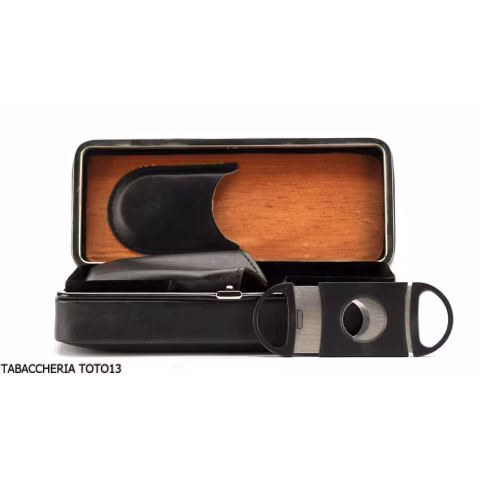 Box in cedro rivestita in pelle nera per 3 sigari, dotata di cutter - Accessori Per Sigari